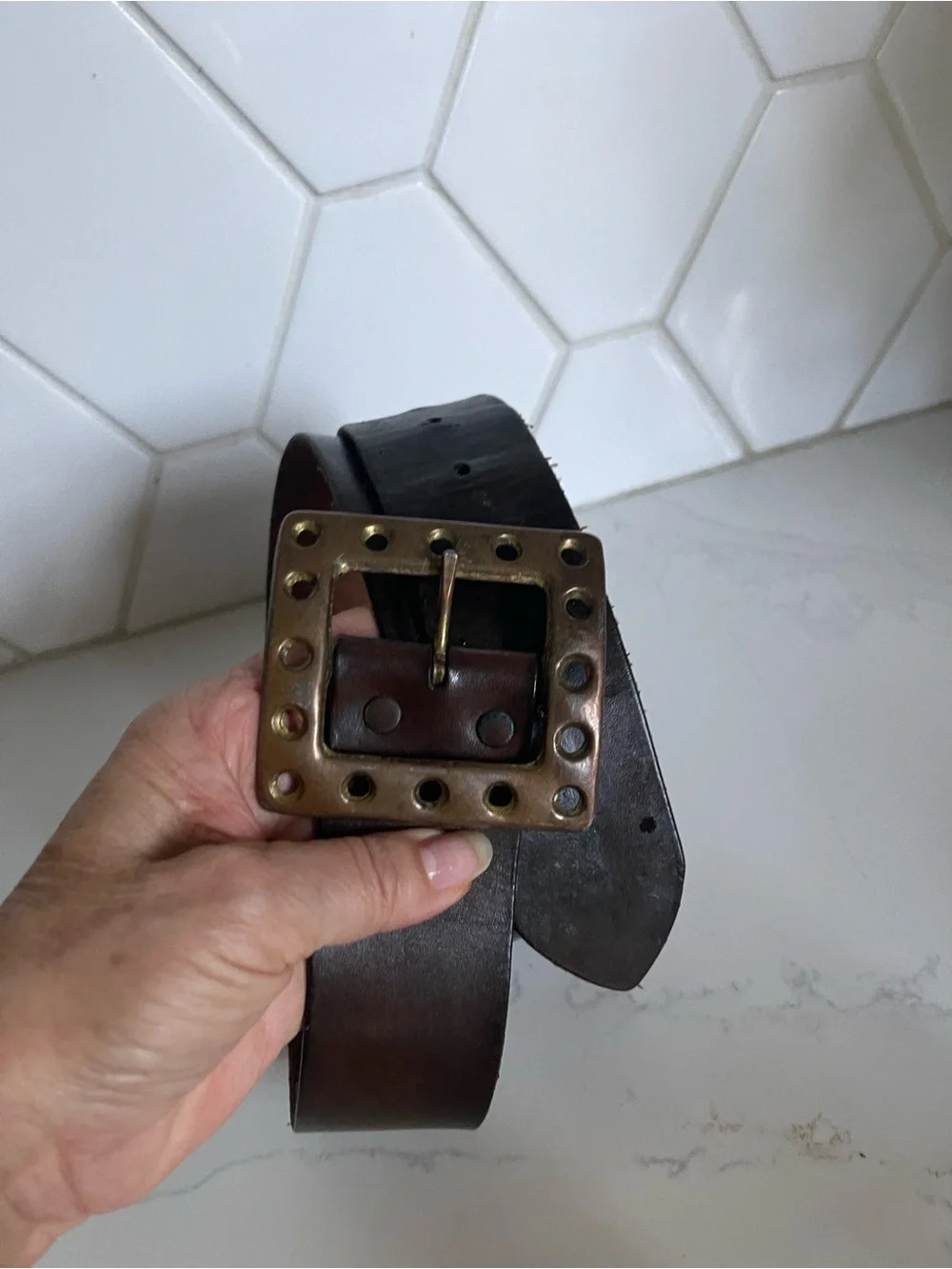 Women's Dark Brown Leather Belt with Brass Studded Buckle